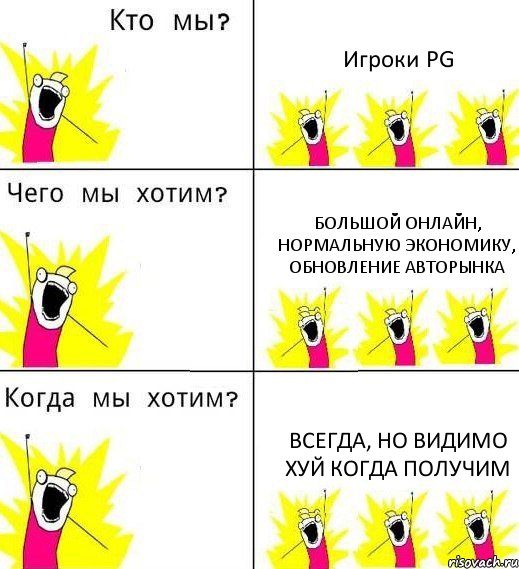 Игроки PG Большой онлайн, нормальную экономику, обновление авторынка Всегда, но видимо хуй когда получим, Комикс Что мы хотим