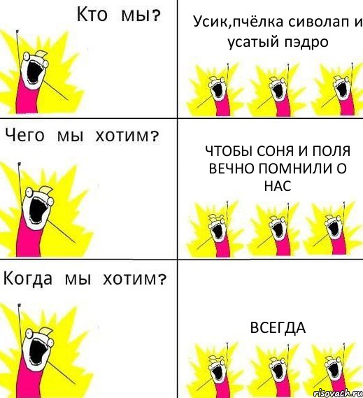 Усик,пчёлка сиволап и усатый пэдро чтобы соня и поля вечно помнили о нас всегда, Комикс Что мы хотим