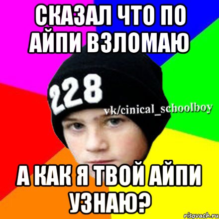 Сказал что по айпи взломаю А как я твой айпи узнаю?, Мем  Циничный школьник 1