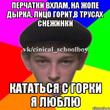 Перчатки вхлам, на жопе дырка, лицо горит,в трусах снежинки Кататься с горки я люблю