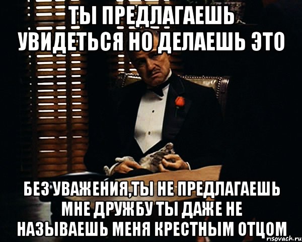 ты предлагаешь увидеться но делаешь это без уважения,ты не предлагаешь мне дружбу ты даже не называешь меня крестным отцом, Мем Дон Вито Корлеоне