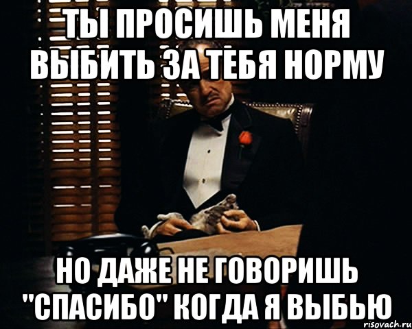 ты просишь меня выбить за тебя норму но даже не говоришь "спасибо" когда я выбью, Мем Дон Вито Корлеоне