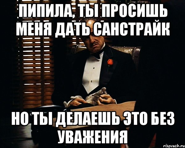 ПИПИЛА, ТЫ ПРОСИШЬ МЕНЯ ДАТЬ САНСТРАЙК НО ТЫ ДЕЛАЕШЬ ЭТО БЕЗ УВАЖЕНИЯ, Мем Дон Вито Корлеоне