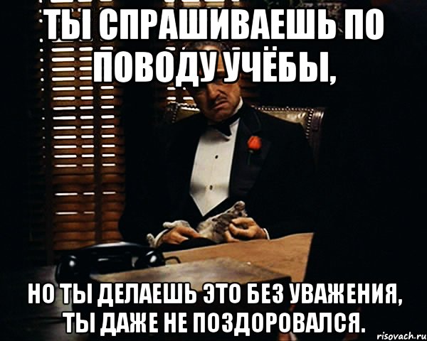 ты спрашиваешь по поводу учёбы, но ты делаешь это без уважения, ты даже не поздоровался., Мем Дон Вито Корлеоне