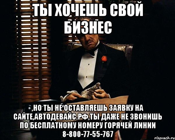 Ты хочешь свой бизнес ,но ты не оставляешь заявку на сайте,Автодевайс.рф,ты даже не звонишь по бесплатному номеру горячей линии 8-800-77-55-767, Мем Дон Вито Корлеоне