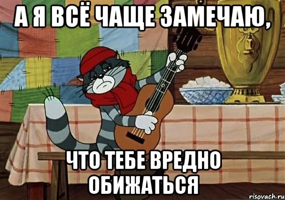 а я всё чаще замечаю, что тебе вредно обижаться, Мем Грустный Матроскин с гитарой