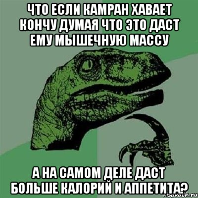 что если камран хавает кончу думая что это даст ему мышечную массу а на самом деле даст больше калорий и аппетита?, Мем Филосораптор