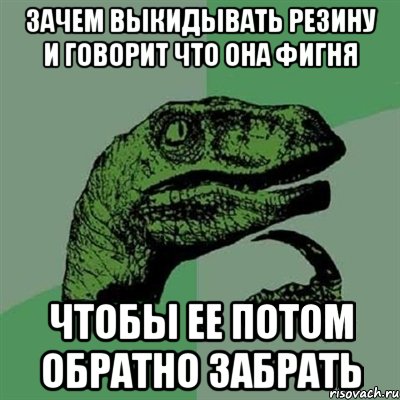 Зачем выкидывать резину и говорит что она фигня Чтобы ее потом обратно забрать, Мем Филосораптор