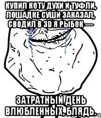 Купил коту духи и туфли, лошадке суши заказал, сводил в 3D я рыбок — затратный день влюбленных, блядь., Мем Forever Alone