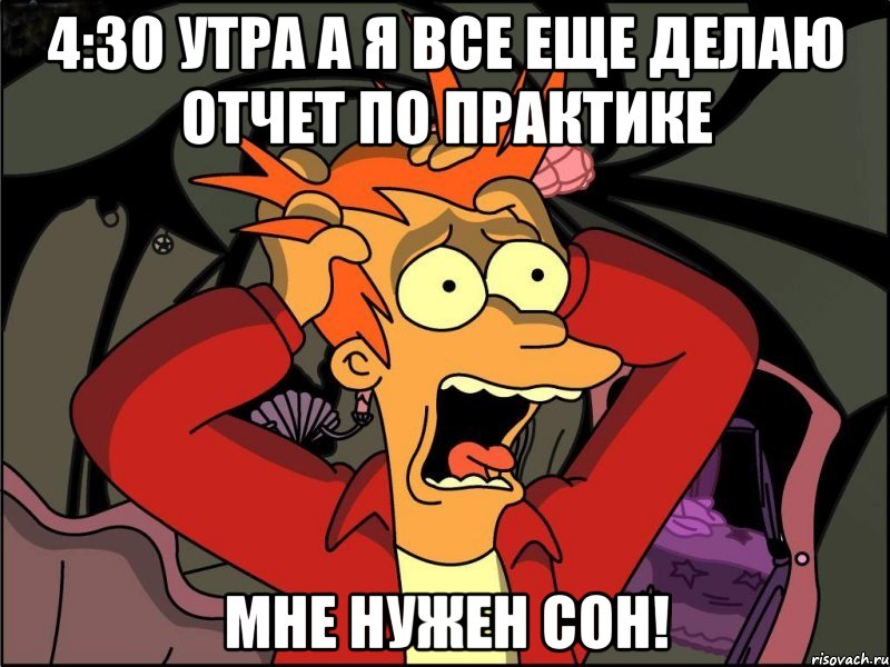 4:30 утра а я все еще делаю отчет по практике мне нужен сон!, Мем Фрай в панике