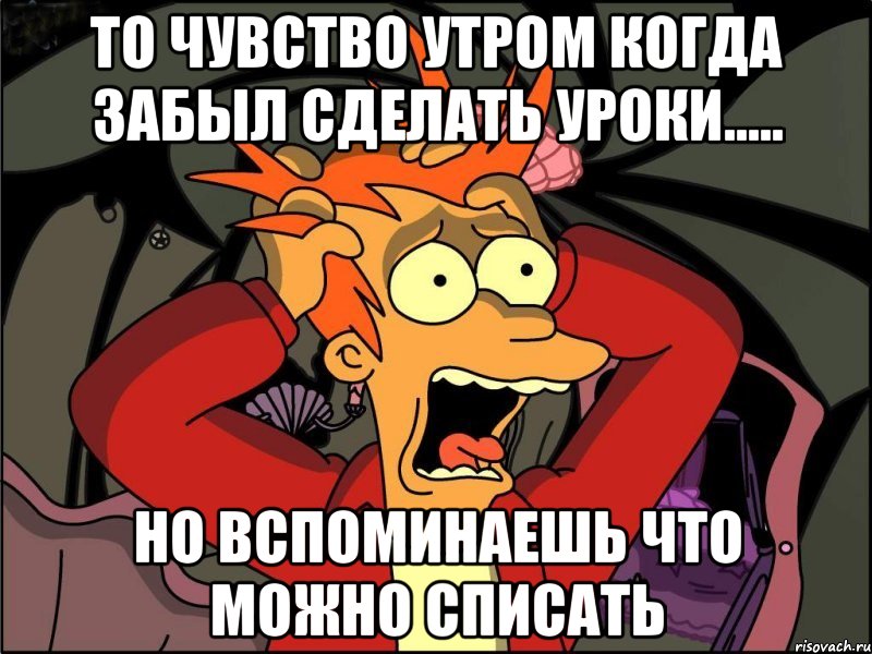 ТО чувство утром когда забыл сделать уроки..... но вспоминаешь что можно списать, Мем Фрай в панике