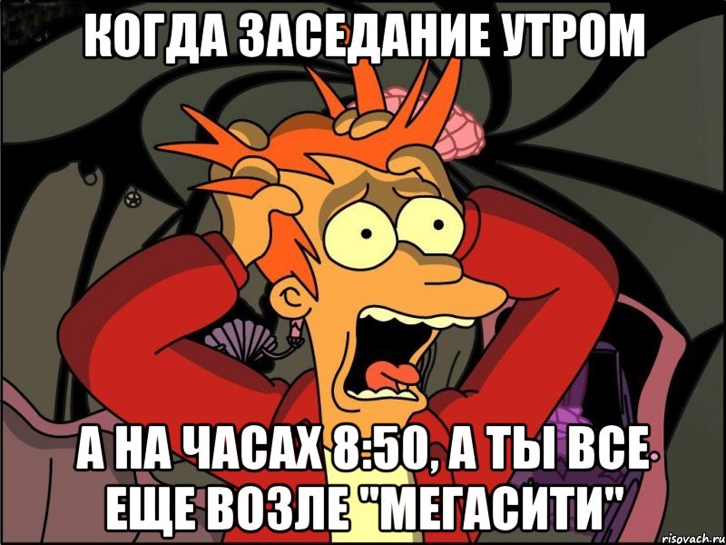 Когда заседание утром А на часах 8:50, а ты все еще возле "МегаСити", Мем Фрай в панике