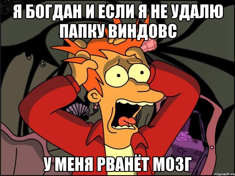 Я Богдан и если я не удалю папку виндовс у меня рванёт мозг, Мем Фрай в панике