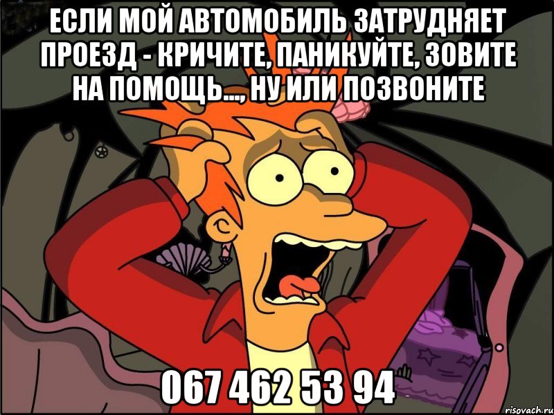 ЕСЛИ МОЙ АВТОМОБИЛЬ ЗАТРУДНЯЕТ ПРОЕЗД - КРИЧИТЕ, ПАНИКУЙТЕ, ЗОВИТЕ НА ПОМОЩЬ..., НУ ИЛИ ПОЗВОНИТЕ 067 462 53 94, Мем Фрай в панике