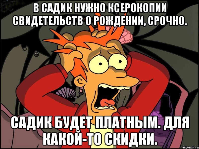 В садик нужно ксерокопии свидетельств о рождении, срочно. Садик будет платным. Для какой-то скидки., Мем Фрай в панике