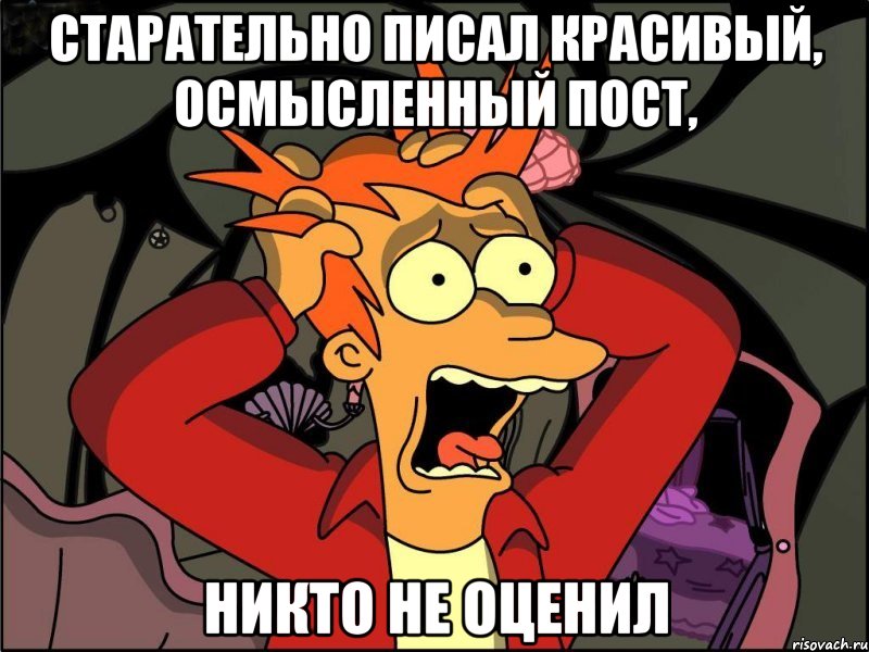 старательно писал красивый, осмысленный пост, никто не оценил, Мем Фрай в панике