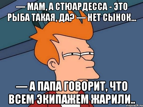 — Мам, а стюардесса - это рыба такая, да? — Нет сынок... — А папа говорит, что всем экипажем жарили.., Мем  Фрай (мне кажется или)