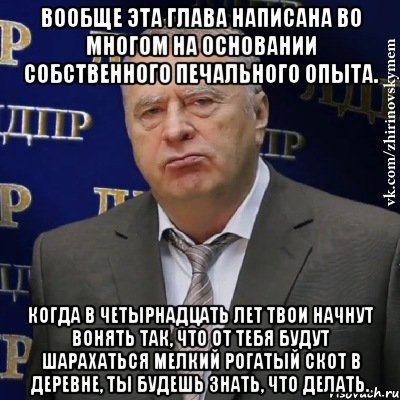 Вообще эта глава написана во многом на основании собственного печального опыта. Когда в четырнадцать лет твои начнут вонять так, что от тебя будут шарахаться мелкий рогатый скот в деревне, ты будешь знать, что делать., Мем Хватит это терпеть (Жириновский)