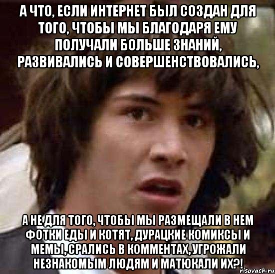 а что, если интернет был создан для того, чтобы мы благодаря ему получали больше знаний, развивались и совершенствовались, а не для того, чтобы мы размещали в нем фотки еды и котят, дурацкие комиксы и мемы, срались в комментах, угрожали незнакомым людям и матюкали их?!, Мем А что если (Киану Ривз)