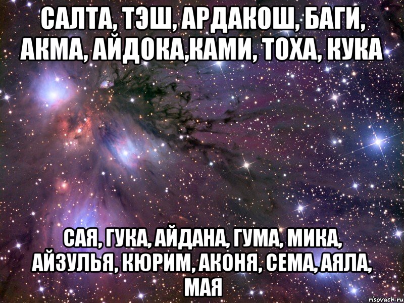 САЛТА, ТЭШ, АРДАКОШ, БАГИ, АКМА, АЙДОКА,КАМИ, ТОХА, КУКА САЯ, ГУКА, АЙДАНА, ГУМА, МИКА, АЙЗУЛЬЯ, КЮРИМ, АКОНЯ, СЕМА, АЯЛА, МАЯ, Мем Космос