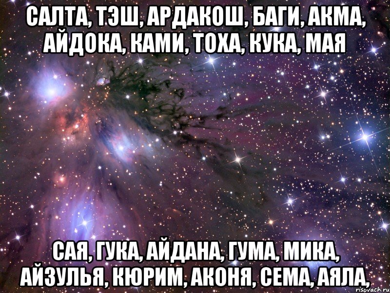 САЛТА, ТЭШ, АРДАКОШ, БАГИ, АКМА, АЙДОКА, КАМИ, ТОХА, КУКА, МАЯ САЯ, ГУКА, АЙДАНА, ГУМА, МИКА, АЙЗУЛЬЯ, КЮРИМ, АКОНЯ, СЕМА, АЯЛА,, Мем Космос