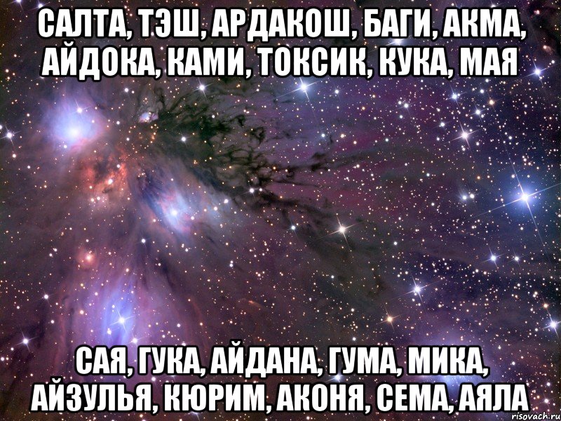 САЛТА, ТЭШ, АРДАКОШ, БАГИ, АКМА, АЙДОКА, КАМИ, ТОКСИК, КУКА, МАЯ САЯ, ГУКА, АЙДАНА, ГУМА, МИКА, АЙЗУЛЬЯ, КЮРИМ, АКОНЯ, СЕМА, АЯЛА, Мем Космос