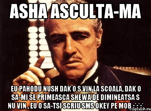 asha asculta-ma eu pahodu nush dak o s vin la scoala, dak o sa-mi se primeasca shewa de dimineatsa s nu vin , eu o sa-tsi scriu sms okey pe mob :*:*:*, Мем крестный отец