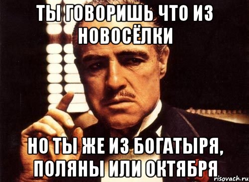 ТЫ ГОВОРИШЬ ЧТО ИЗ НОВОСЁЛКИ НО ТЫ ЖЕ ИЗ БОГАТЫРЯ, ПОЛЯНЫ ИЛИ ОКТЯБРЯ, Мем крестный отец