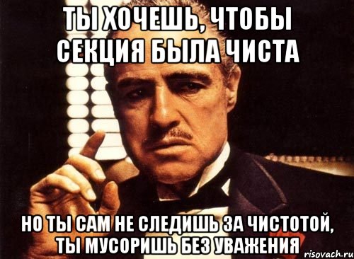 ты хочешь, чтобы секция была чиста но ты сам не следишь за чистотой, ты мусоришь без уважения, Мем крестный отец