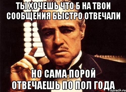 ты хочешь что б на твои сообщения быстро отвечали но сама порой отвечаешь по пол года, Мем крестный отец