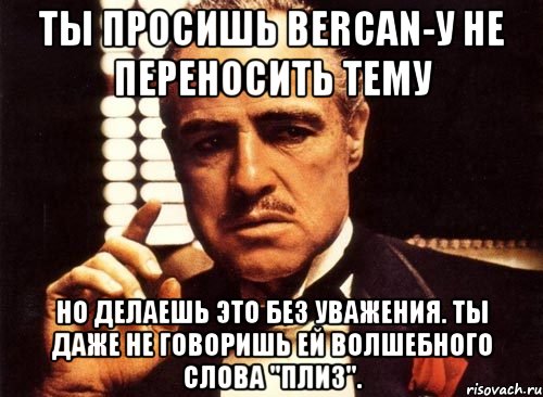 Ты просишь Bercan-у не переносить тему Но делаешь это без уважения. Ты даже не говоришь ей волшебного слова "плиз"., Мем крестный отец