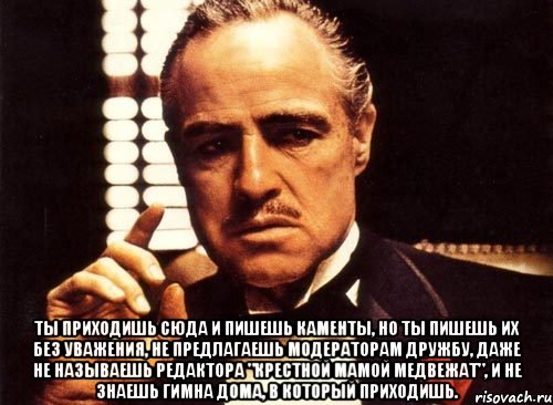  ты приходишь сюда и пишешь каменты, но ты пишешь их без уважения, не предлагаешь модераторам дружбу, даже не называешь редактора "крестной мамой медвежат", и не знаешь гимна дома, в который приходишь., Мем крестный отец