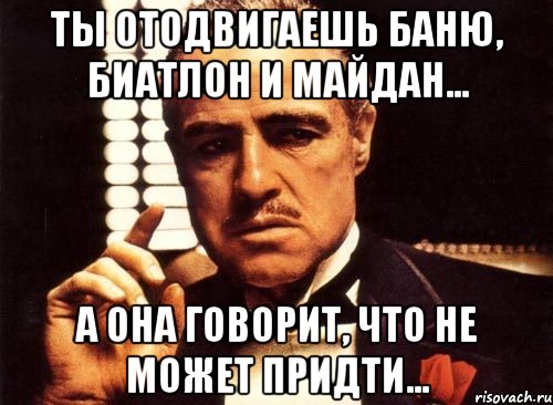 ТЫ ОТОДВИГАЕШЬ БАНЮ, БИАТЛОН И МАЙДАН... А ОНА ГОВОРИТ, ЧТО НЕ МОЖЕТ ПРИДТИ..., Мем крестный отец