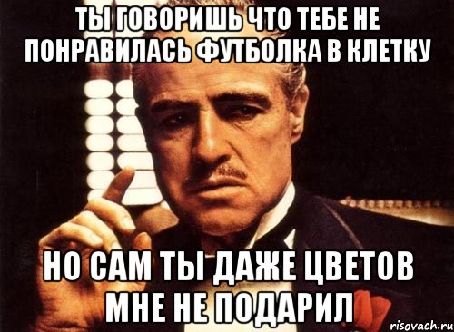 ТЫ ГОВОРИШЬ ЧТО ТЕБЕ НЕ ПОНРАВИЛАСЬ ФУТБОЛКА В КЛЕТКУ НО САМ ТЫ ДАЖЕ ЦВЕТОВ МНЕ НЕ ПОДАРИЛ, Мем крестный отец