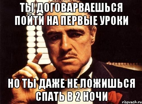 ты договарваешься пойти на первые уроки но ты даже не ложишься спать в 2 ночи, Мем крестный отец