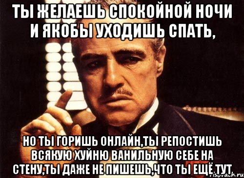 ты желаешь спокойной ночи и якобы уходишь спать, но ты горишь онлайн,ты репостишь всякую хуйню ванильную себе на стену,ты даже не пишешь,что ты ещё тут, Мем крестный отец