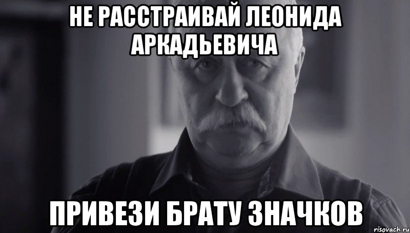 НЕ РАССТРАИВАЙ ЛЕОНИДА АРКАДЬЕВИЧА ПРИВЕЗИ БРАТУ ЗНАЧКОВ, Мем Не огорчай Леонида Аркадьевича