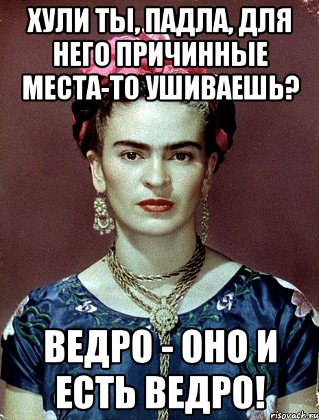 Хули ты, падла, для него причинные места-то ушиваешь? Ведро - оно и есть ведро!, Мем Magdalena Carmen Frieda Kahlo Ca
