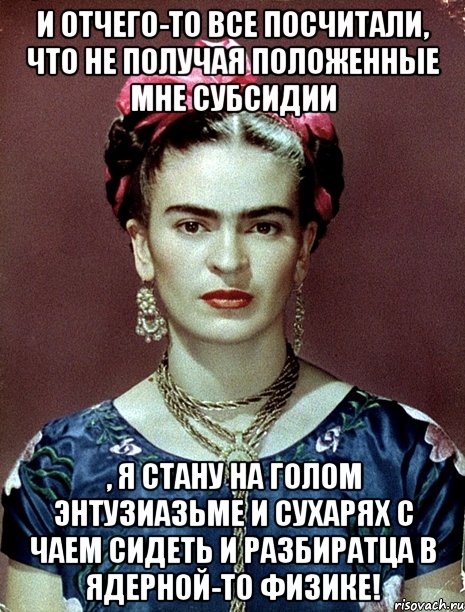 И отчего-то все посчитали, что не получая положенные мне субсидии , я стану на голом энтузиазьме и сухарях с чаем сидеть и разбиратца в ядерной-то физике!