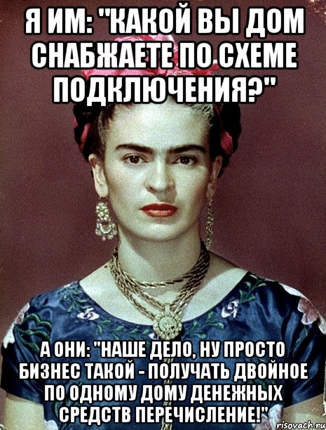Я им: "Какой вы дом снабжаете по схеме подключения?" А они: "Наше дело, ну просто бизнес такой - получать двойное по одному дому денежных средств перечисление!"