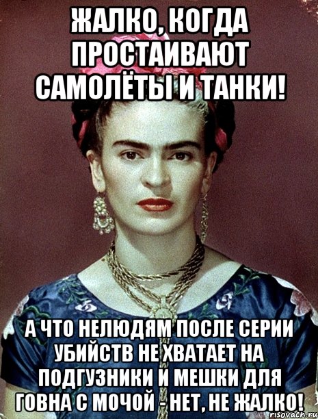 Жалко, когда простаивают самолёты и танки! А что нелюдям после серии убийств не хватает на подгузники и мешки для говна с мочой - нет, не жалко!, Мем Magdalena Carmen Frieda Kahlo Ca