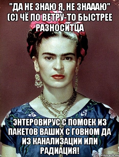 "Да не знаю я, не знаааю" (с) чё по ветру-то быстрее разноситца энтеровирус с помоек из пакетов ваших с говном да из канализации или радиация!, Мем Magdalena Carmen Frieda Kahlo Ca