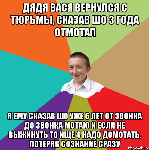 дядя Вася вернулся с тюрьмы, сказав шо 3 года отмотал я ему сказав шо уже 6 лет от звонка до звонка мотаю и если не выжинуть то ище 4 надо домотать. Потеряв сознание сразу, Мем  малый паца