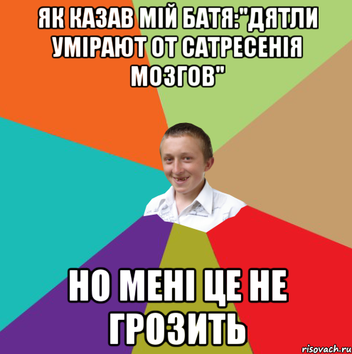 як казав мій батя:"дятли умірают от сатресенія мозгов" но мені це не грозить, Мем  малый паца