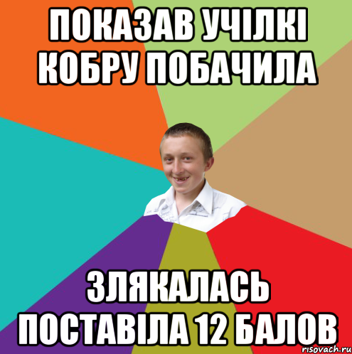 Показав учілкі кобру побачила злякалась поставіла 12 балов, Мем  малый паца