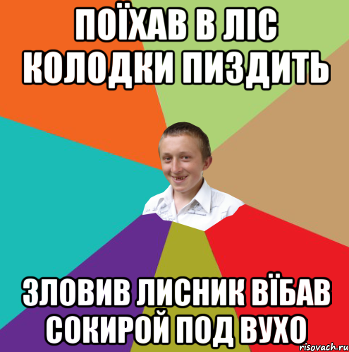 поїхав в ліс колодки пиздить зловив лисник вїбав сокирой под вухо, Мем  малый паца