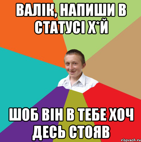 валік, напиши в статусі х*й шоб він в тебе хоч десь стояв, Мем  малый паца