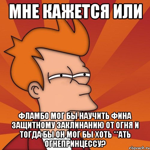 Мне кажется или Фламбо мог бы научить Фина защитному заклинанию от огня и тогда бы он мог бы хоть **ать огнепринцессу?, Мем Мне кажется или (Фрай Футурама)