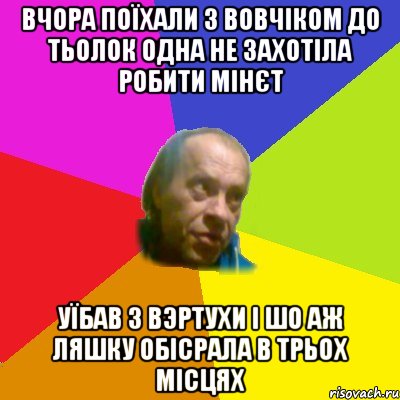 Вчора поїхали з Вовчiком до тьолок одна не захотiла робити мiнєт Уїбав з вэртухи i шо аж ляшку обiсрала в трьох мiсцях