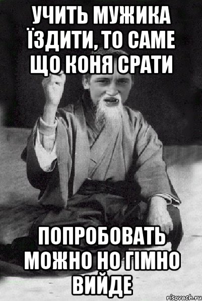 Учить мужика їздити, то саме що коня срати Попробовать можно но гімно вийде, Мем Мудрий паца